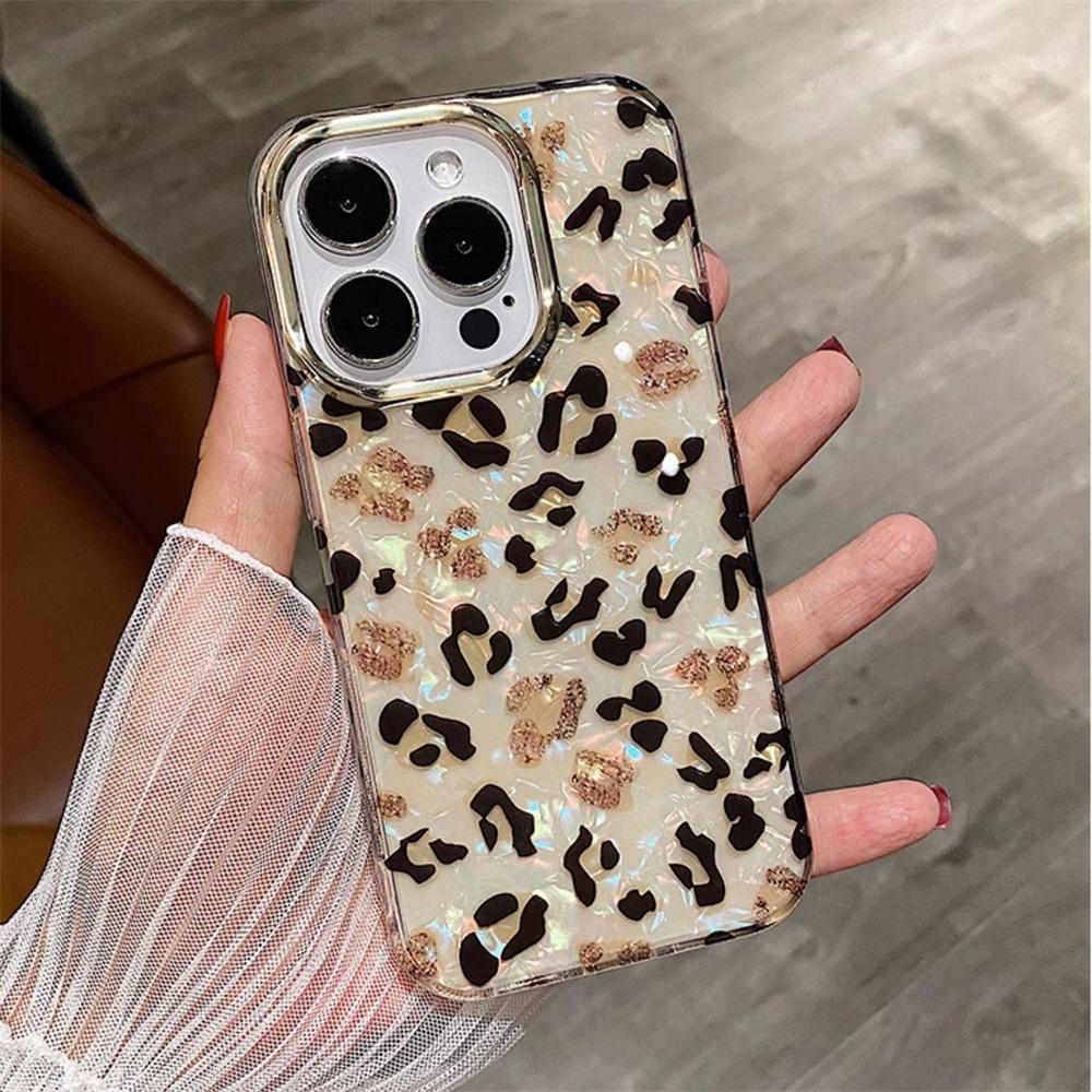 Luxury Leopard Aurora Shell Pattern Case For iPhone 16 15 14 13 12 11 Pro Max Plus Plating Camera Protection Shiny Cool Cover