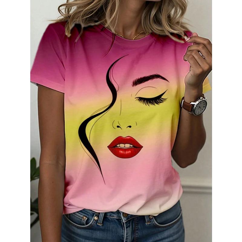 Tricou de damă Artă liniară abstractă cu față Imprimeu grafic Topuri Casual Gât rotund Mânecă scurtă Tricou Modă de vară Îmbrăcăminte de damă Cămașă