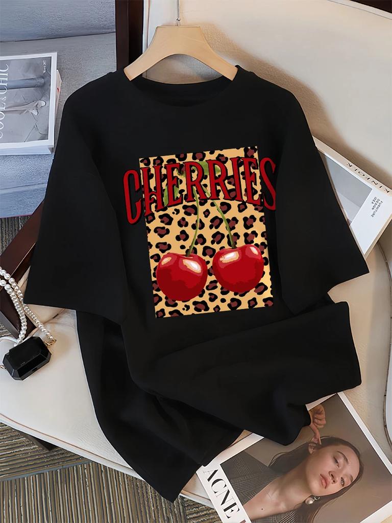 Leopard Kirsche Leopardenmuster Kreatives Design Damen T-Shirts Lässiges T-Shirt Sommer Rundhals Streetwear Weich Kurzarm