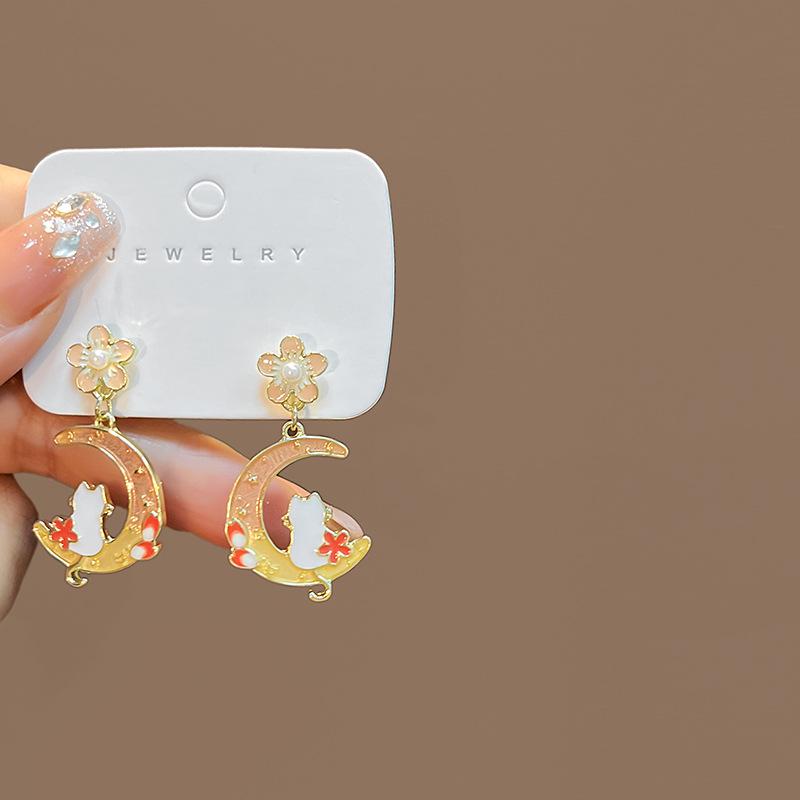 Silver Needle Crescent Moon & Jade Rabbit Stud Earrings - Fun Cartoon Design, Trendy Simple Style, Colorblock Flower, Net Red Earrings for Women