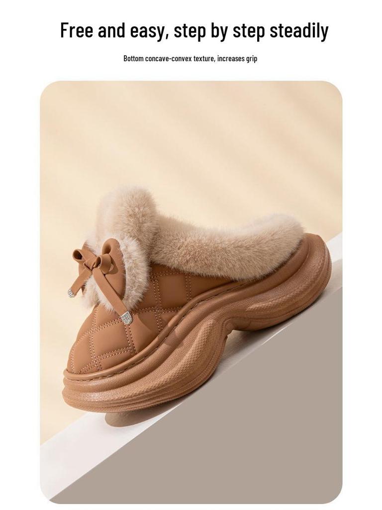 Damen 2025 Winter Schleife Baumwollpantoffeln: Rutschfest, Dicke Sohle, Warmes Plüsch für den Außenbereich