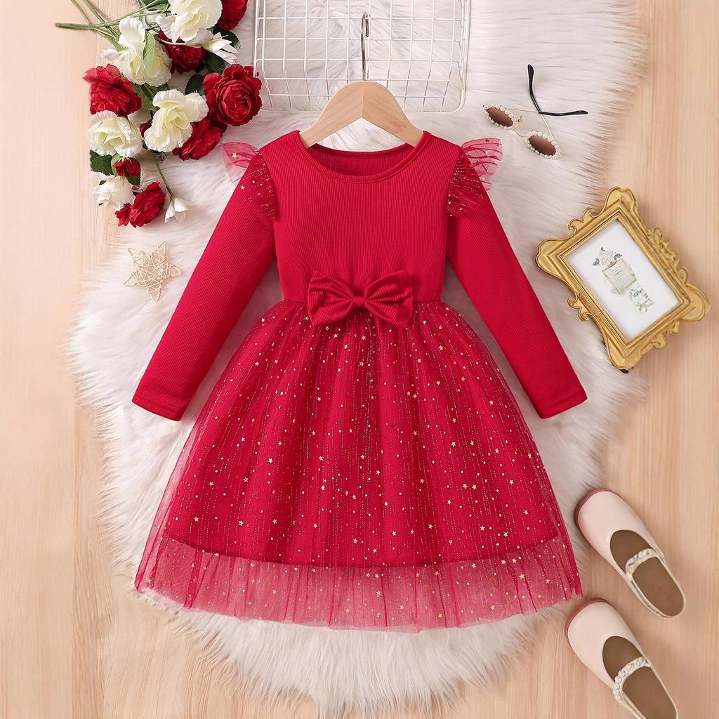 Foreign Trade Baby Girl Long-sleeved Bow Dress 2026 Autumn New Style Little Girl Fashionable Mesh Dress Princess Dress