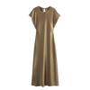 Damen Satin Rundhals Fledermausärmel A-Linie Maxikleid