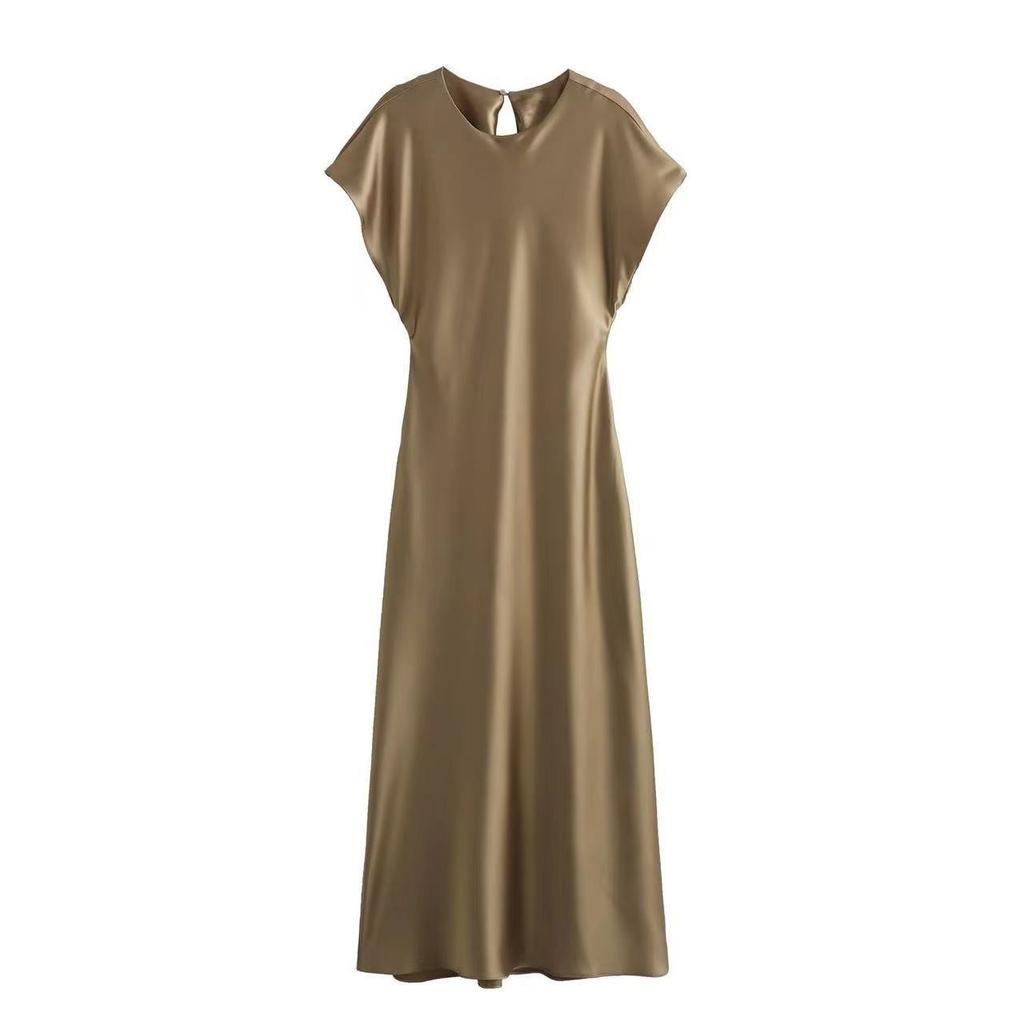 Damen Satin Rundhals Fledermausärmel A-Linie Maxikleid
