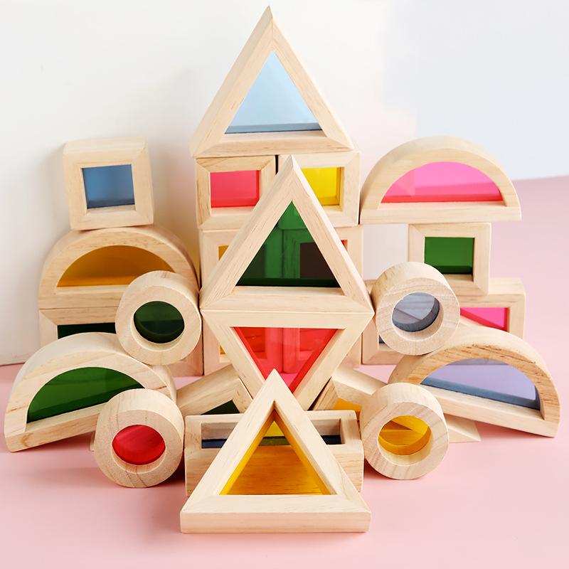 Montessori Transparent Shape Blocks Wooden Toys Rainbow Acrylic Color Cognitive Sensory Building Game Educational Toys for Kids