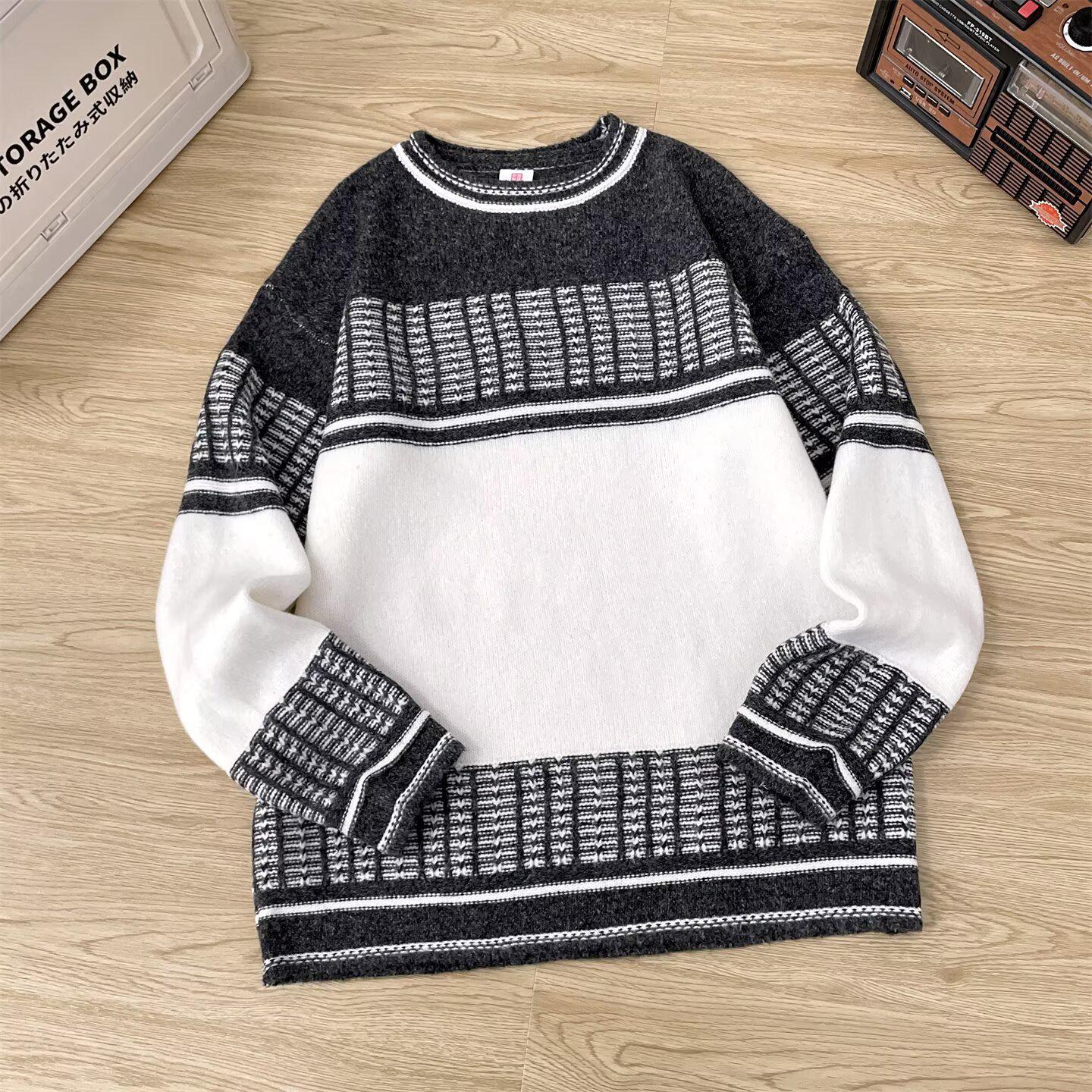 Cozy Long-Sleeve Color Block Knit Top with Round Neck XL серый