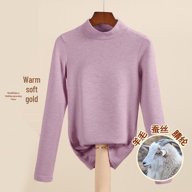 Women's Mulberry Silk Wool Fleece-Lined Warm Base Layer, Mid-High Neck, Autumn/Winter 2025 Collection
