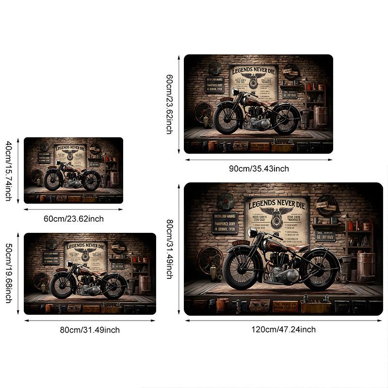 VIKAMA Vintage Motorrad Garage Teppich, Rutschfester Waschbarer Biker Teppich, "Legends Never Die" Klassisches Bike Motiv Fußmatte für den Eingang