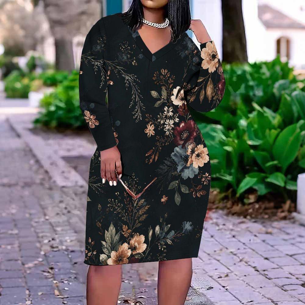 Women Plus Size V Neck Long Sleeve Black Printed Fitted Straight Dress
