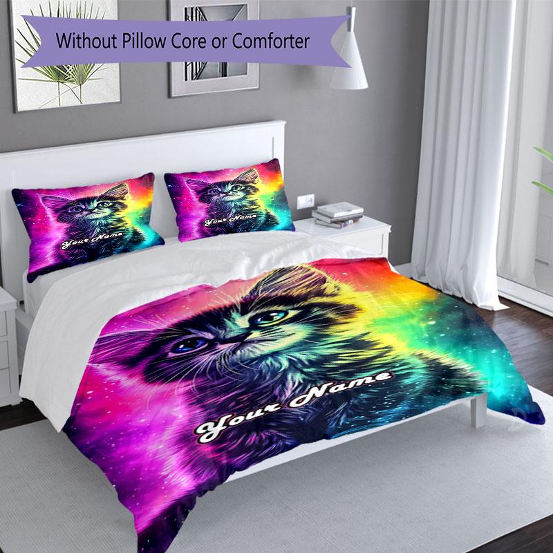 3PC Custom Name Cosmic Kitten Dreamscape Bedding Set Duvet Cover Closure Includes 1 Duvet Cover & 2 Pillowcases for Bedroom