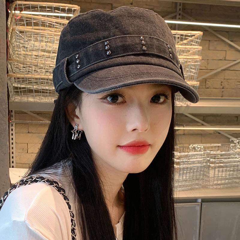 

Корейский ретро джинсовый берет с плоским верхом для женщин на весну и осень, большой окружности головы, зрительно уменьшающий лицо, кепка с козырьком, состаренная выстиранная шляпа, трендовый M（56-58cm）