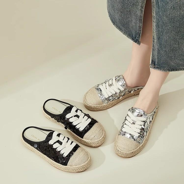 Fashion sequined bag head half slippers women's 2025 summer new thick-soled straw rope fisherman shoes without heel sandals
