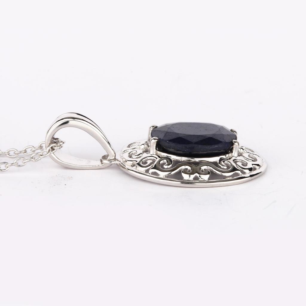 925 Sterling Silver Dyed Sapphire Oval Pendant 11x9mm Rhodium Plated Handmade Fine Jewelry Gift for Her