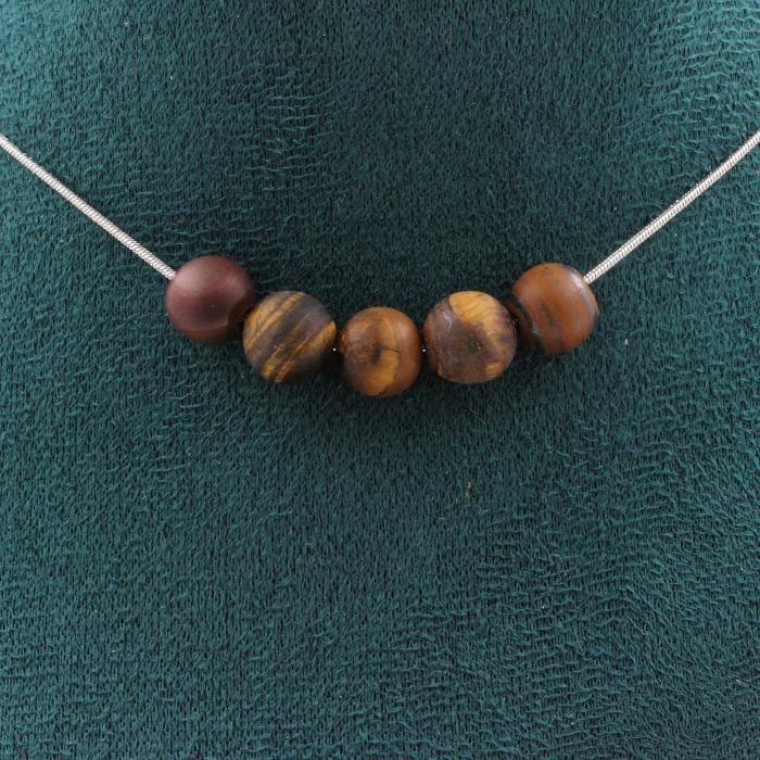 Collier - ABIJOUX - Oeil de Tigre - 5 perles 8 mm - Acier inoxydable - Longueur 45 cm