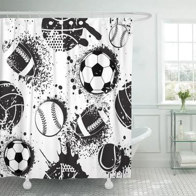 Abstraktes Fußballmuster Duschvorhang Sport Thema Fußball Schwarz-Weiß-Farben Wasserdicht Polyester Badezimmervorhang mit Haken
