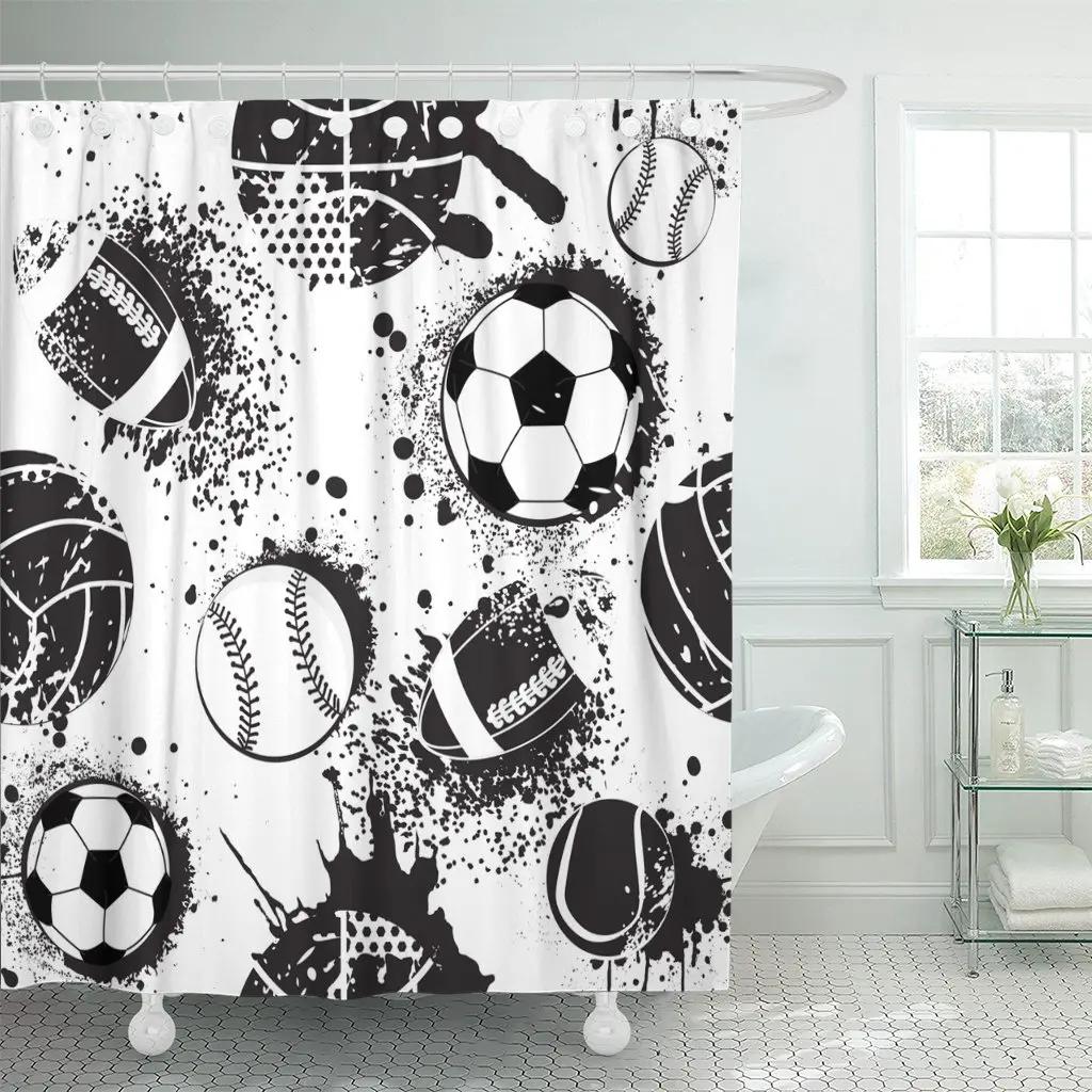 Abstract Football Pattern Shower Curtain Sport Theme Soccer Black and White Colors Waterproof Polyester Bath Curtain with Hooks