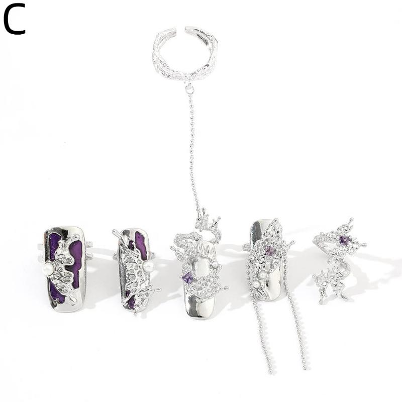 4/5Pcs Fingertip Ring Irregular Metal Silver Color Finger Ring Set Women Alloy Finger Cot Chain Nail Ring Party Jewelry