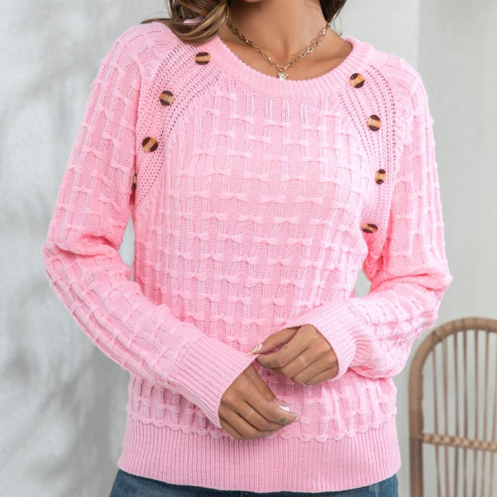 IHUASU Женский осенне-зимний трехмерный вязаный свитер с длинными рукавами и пуговицами-бантиками S розовый