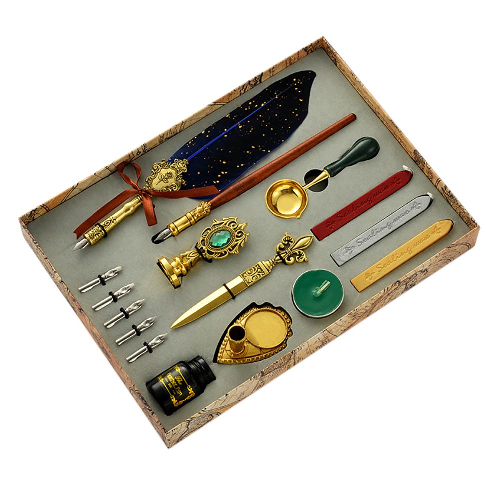 

Retro Feather Pen Writing Ink Set Creative Exquisite Feather Dip Fountain Pen Sets Stationery Crafts Gifts for Home Office синий