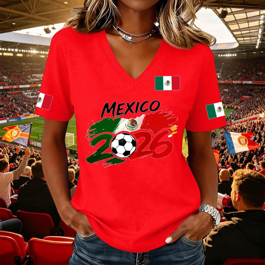 Women's Casual Short Sleeve V Neck Pullover Top Soccer Graphic Print National Flag Support Shirt for Outdoor Activities and Sports
