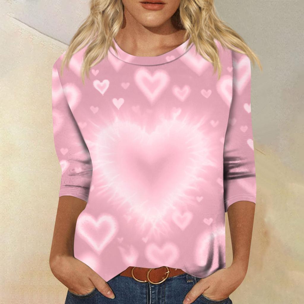 Damen Modisches Lässiges Dreiviertelarm Valentinstag-Druck Rundhals Pullover-Oberteil