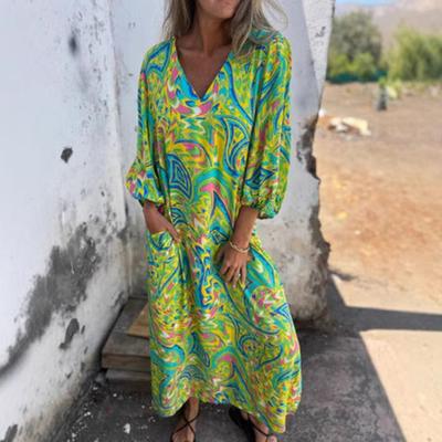 Kadın Baskılı Maxi Elbise İlkbahar Yaz V Yaka Boho Tatil Elbisesi Uzun Kollu