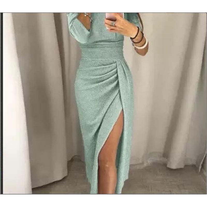 

Женское платье с разрезом на бедре, однотонное, на одно плечо, облегающее талию, блестящее элегантное платье-юбка, вечернее платье S зелёный