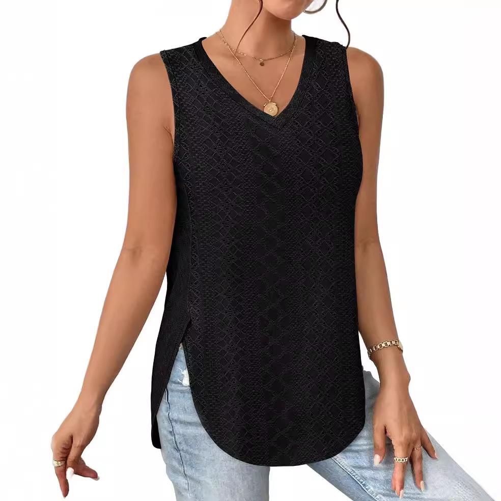 Spring and Summer V-neck Sleeveless Vest with Eyelets and Jacquard Top for Casual Women's T-shirts