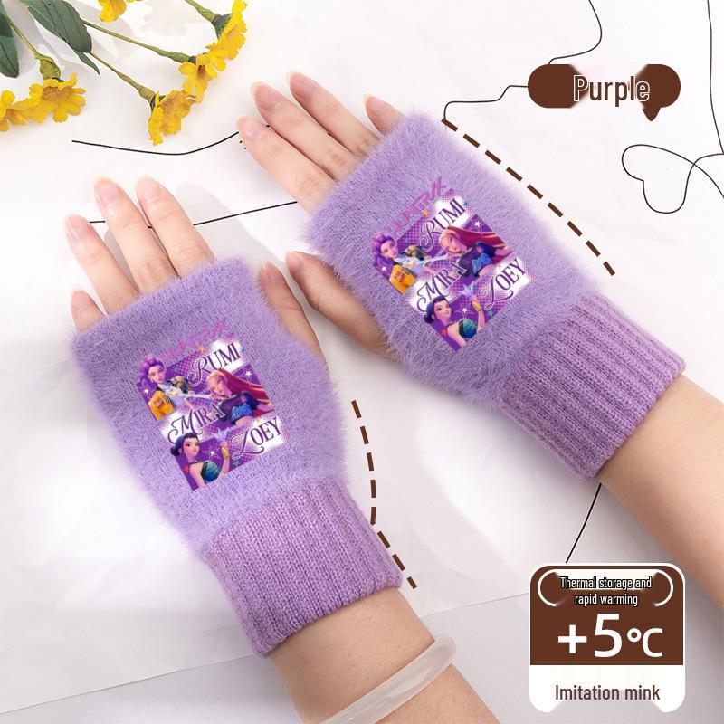 Kpop Women's Fingerless Knitted Gloves - Versatile Warm Plush Autumn/Winter Half-Finger Hand Socks, Solid Color for Students.