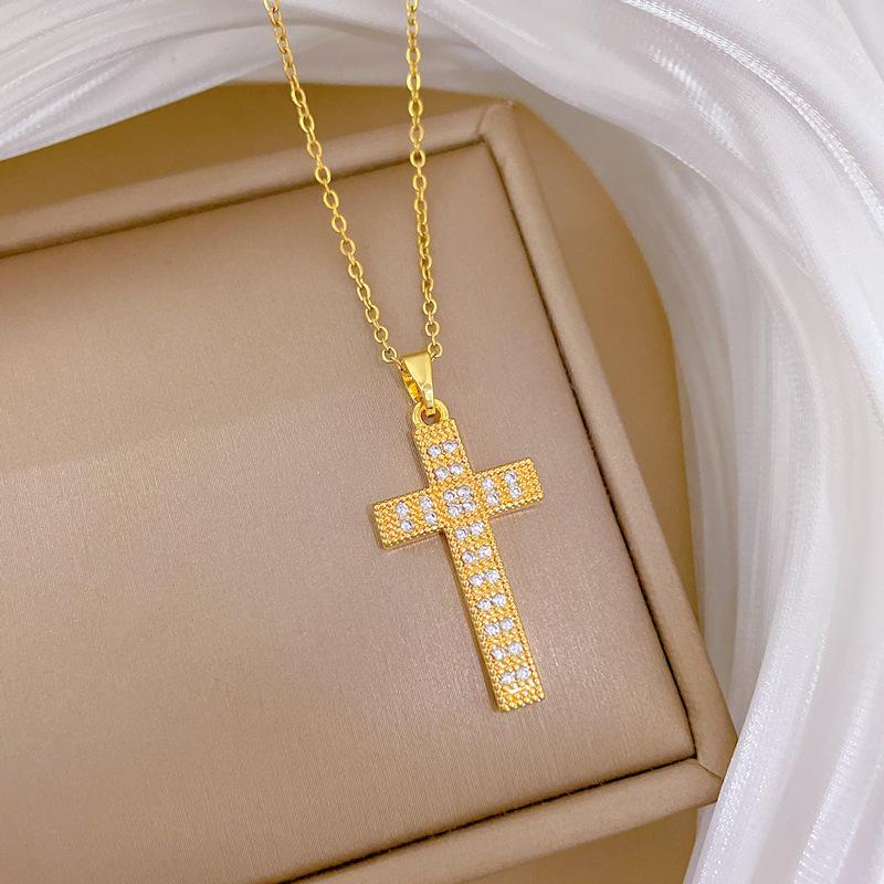 Titanium Steel, Cross Zircon Light Luxury Temperament Gorgeous Full Diamond Necklace Female Versatile Collarbone Chain Titanium Steel