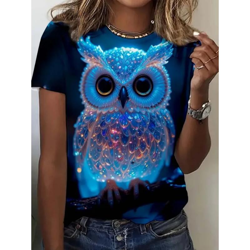 Modisches Damen Rundhals Kurzarm 3D Tier Farbdruck Tier Kurzarm Rundhals T-Shirt