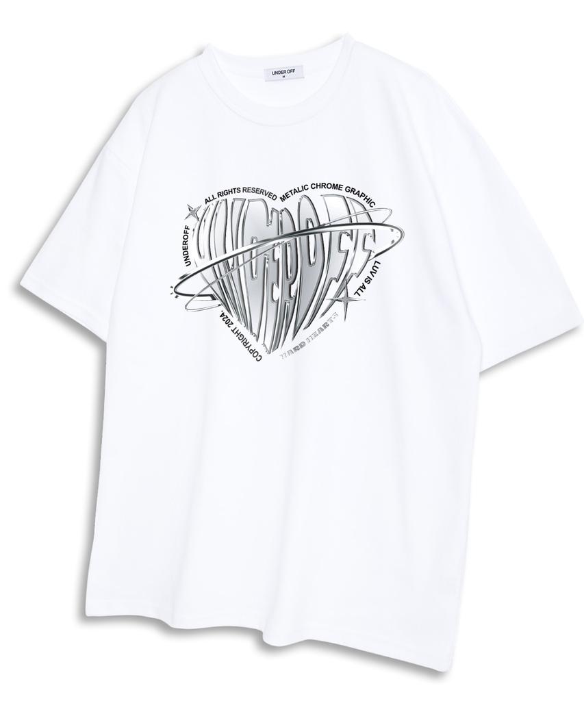 Under Off Oversized Crew Neck Metallic Chrome Heart Logo Short Sleeve T-Shirt White