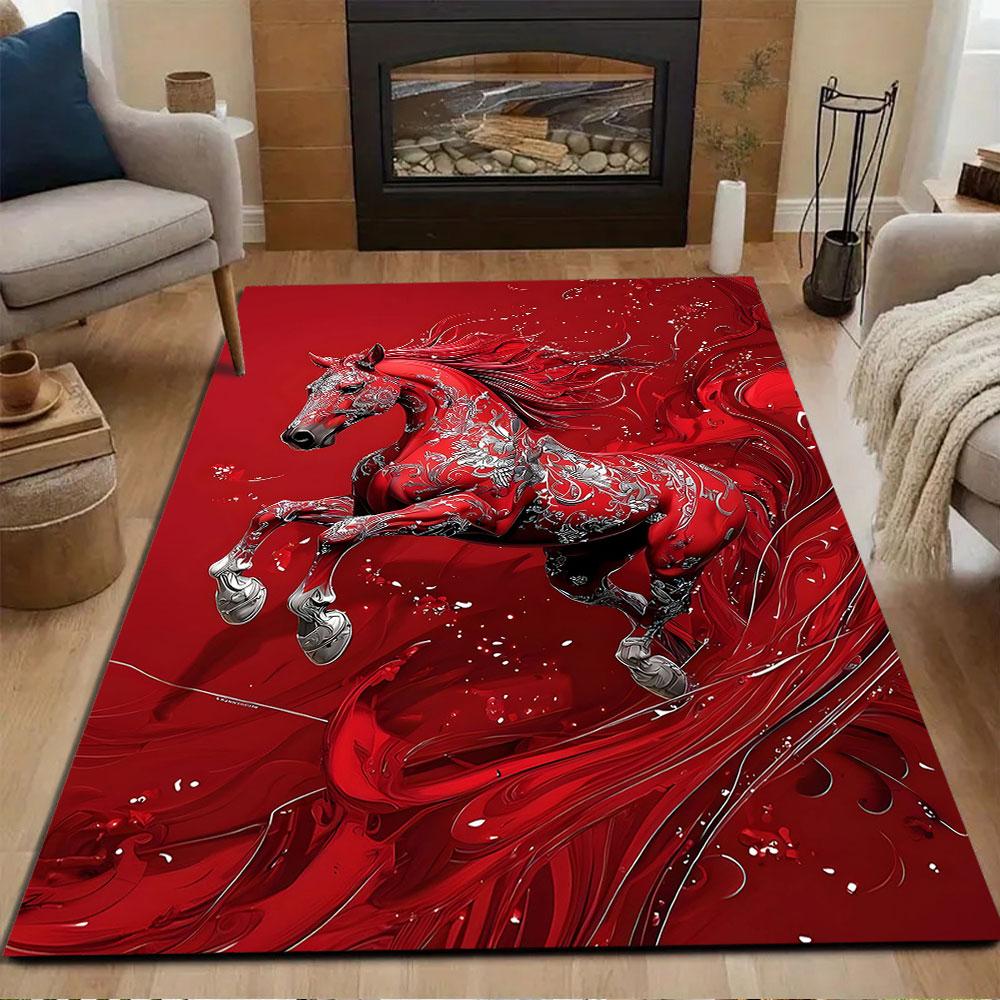 Red Horse with Ornate Floral Patterns Patterned carpet, non slip mat suitable for living room and bedroom sofas