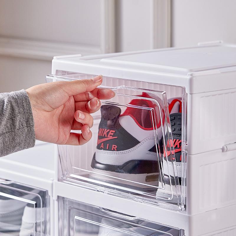 Multi-Layer Foldable Shoe Box Rack: Easy Installation, Space-Saving Storage, One-Pull Setup.