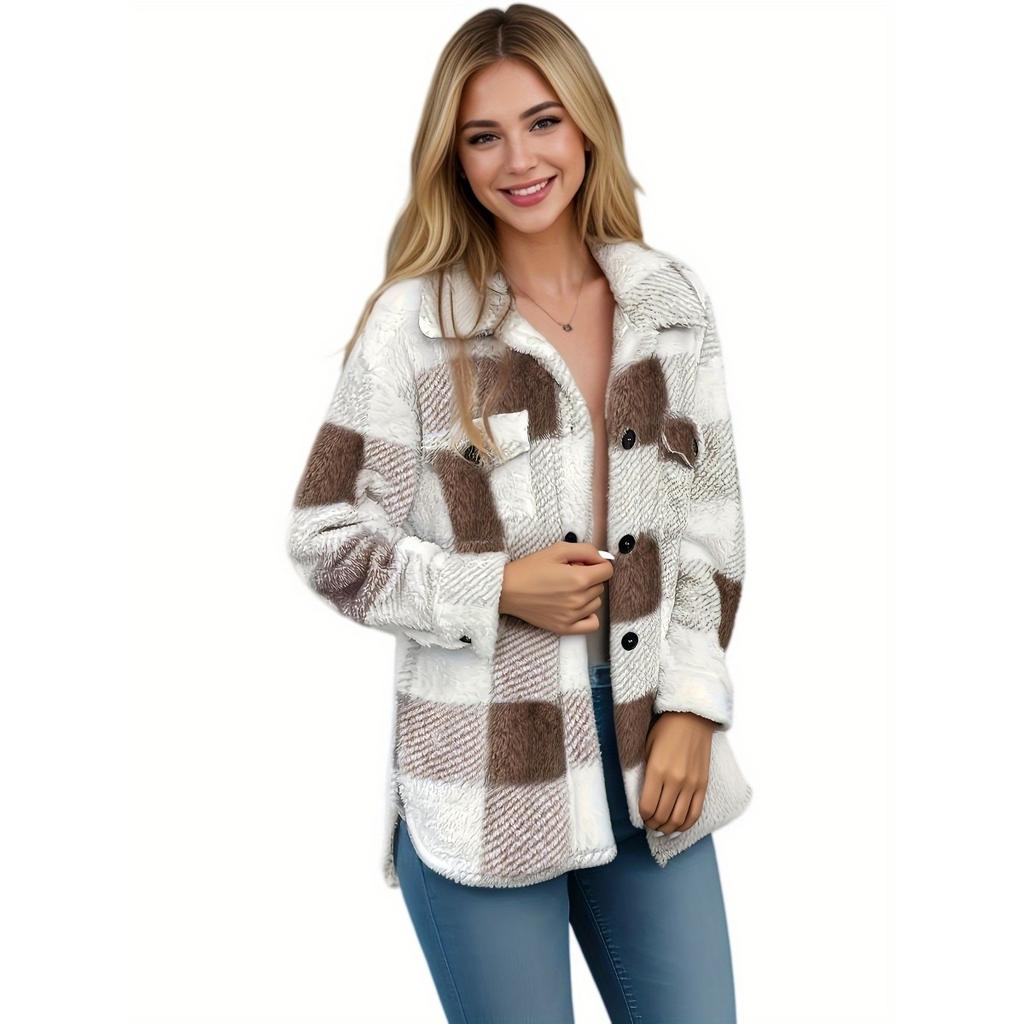 Ladies' Plush Fleece Winter Coat - Grid High Stretch Coat, Middle Eastern Elegant Collection, Machine Washable for Autumn and Winter