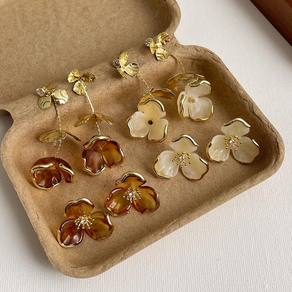 Caramel Amber Flower Tassel Earrings - Women's Luxury Long Dangle Earrings for Autumn/Winter