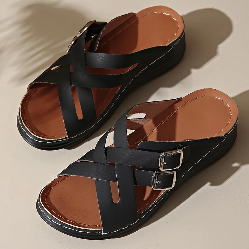 Fashion Mix Color Cross Strap Wedge Slippers Women Summer Non Slip Platform Sandals Woman Lightweight Soft Thick Sole Sandalias Mujer 43