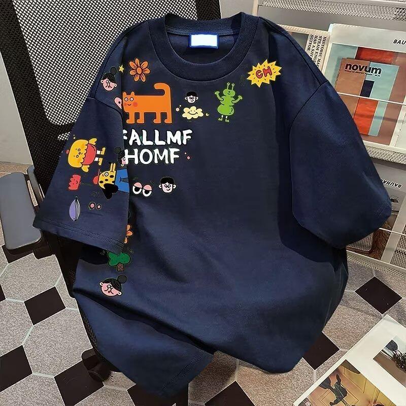 

Мужская футболка с коротким рукавом Tide Летняя свободная футболка с рукавом пять минут Новая повседневная универсальная трендовая простая футболка с принтом 5XL темно-синий