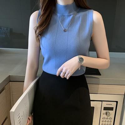 Summer Semi-turtleneck Sleeveless Knitted Sweater Women's Slim Fit Thin Bottoming Shirt Casual Basic Vest Simple Solid Color Short Top Clothing 3182