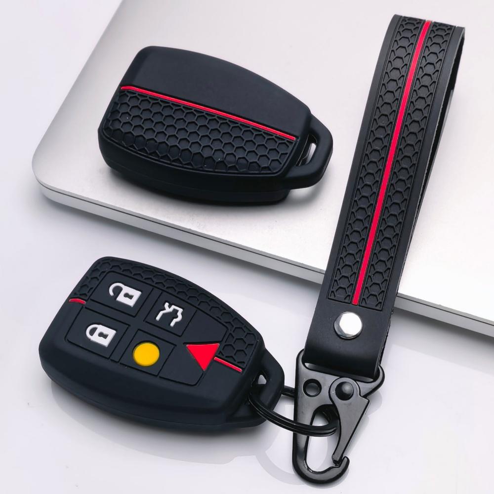 Silicone Key Fob Cover with Keychain for Volvo XC90 XC70 XC60 S80 S60 V70 V50 C30 This Soft Protective Key Case Fits 5 Button Smart Remote Keys It