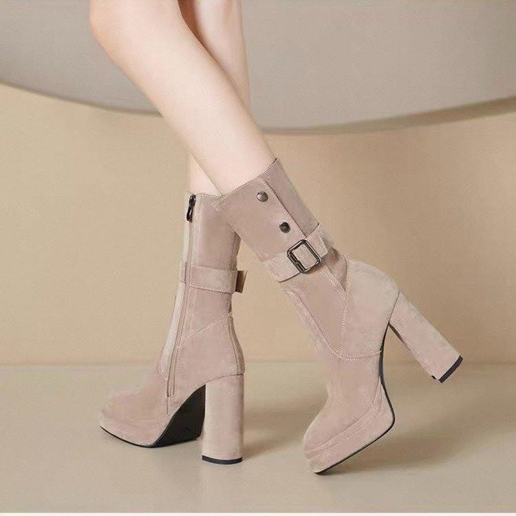 Korean Black Waterproof Table High-heeled Short Boots Women's 2025 New Autumn Versatile Retro Thick-heeled Medium Tube Thin Boots