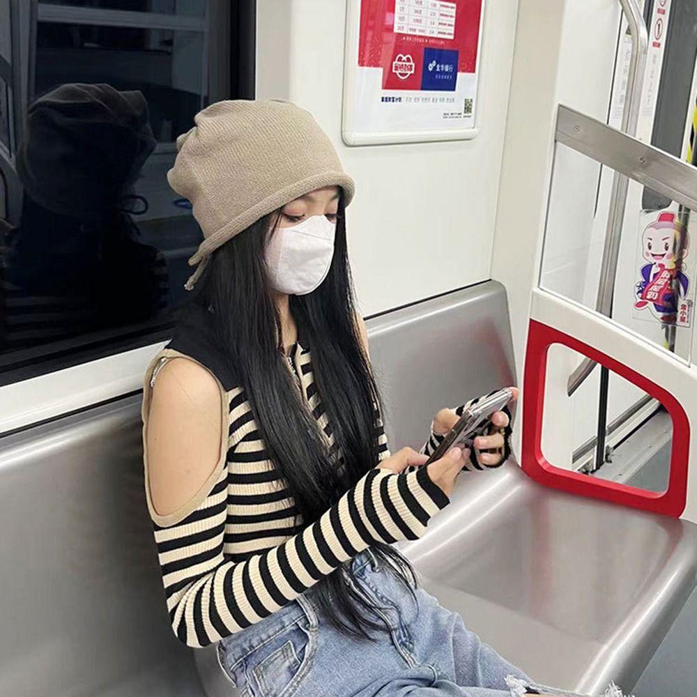 Ear Protection Drawstring Wool Cap Sweet Solid Color Pullover Hat Winter Knitted Cap  Autumn/Winter