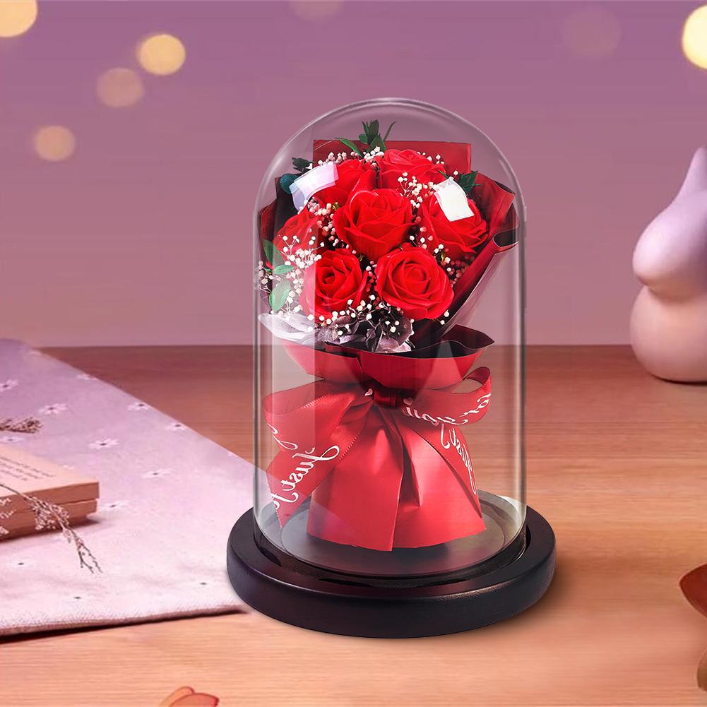 Preserved Flowers in Glass Dome Dried Flowers Bouquet with Lights Carnation Tulip Dry Flower Decoration for Mom Girlfriends Wife