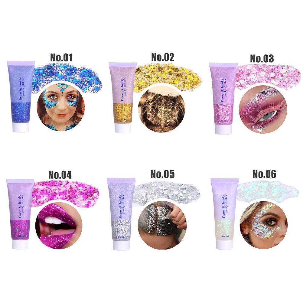 6 Color Sequins Glitter Body Gel 50ml Glitter Liquid Festival Glitter Cosmetic Face Hair Nails Makeup Long Lasting