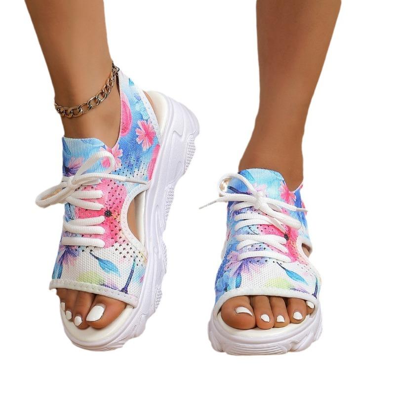 New Mesh Fly-woven Color Front Lace-up Fish Mouth Hollow Platform Sandals Casual Sandals