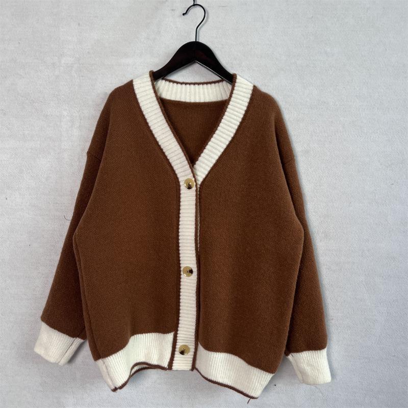

Кардиган с цветными блоками, свитер с V-образным вырезом, женское свободное трикотажное пальто, трикотаж большого размера, мягкая ткань, теплая, удобная, в стиле Харадзюку, осень-зима XL коричневый