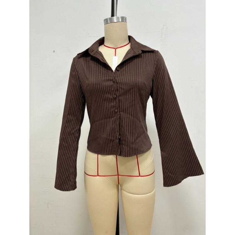Mode Chemise Rayée Coupe Ajustée pour Femme Manches Longues Blouse Élégante Col de Chemise Bureau Décontracté Hauts Courts Simples Simples Printemps Été Streetwear Vêtements de Base
