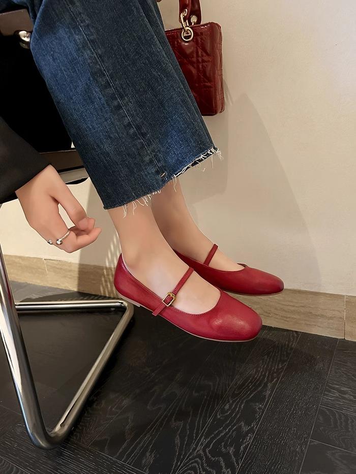 New Retro Style Square Toe Women's Mary Jane Shoes Elegant Shallow Dress Flats Leather Footwear for Ladies