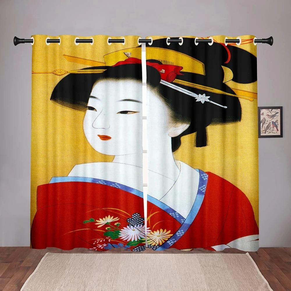 Japanese Traditional Geisha Woman Blackout Window Drape for Bed Chamber Living Space Area Area Decor Bathroom Kicthen Door High Shading New