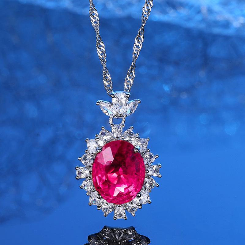 Luxury Pigeon Blood Red Jewelry Set: S925 Sterling Silver Diamond-Inlaid Necklace, Earrings, and Ring